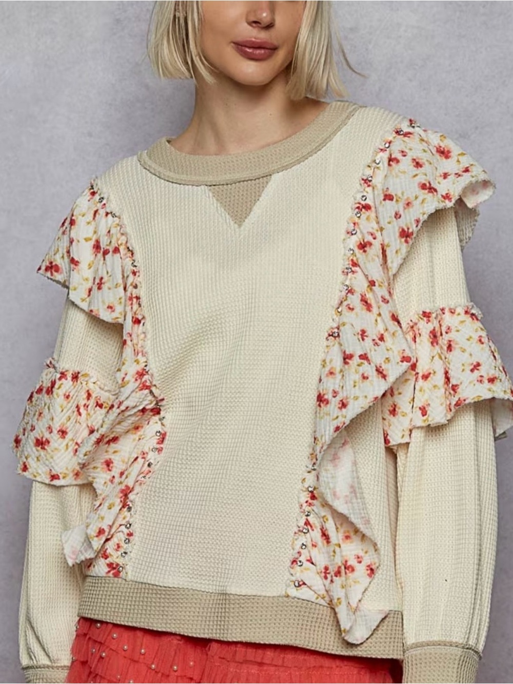 POL Pullover Cream Ruffle Knit Top with Floral Trim
